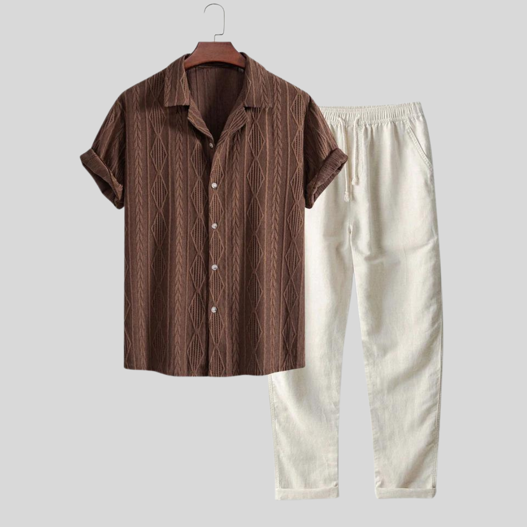 Emiel | Geometrisch jacquard Cuban shirt & linnen broek voor heren